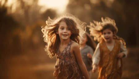 Smiling child, cheerful girls, cute nature, playful childhood, carefree sunset generated by artificial intelligenceの素材