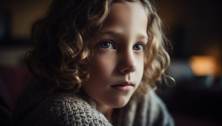 Cute child looking at camera, smiling, indoors, brown hair generated by artificial intelligenceの素材