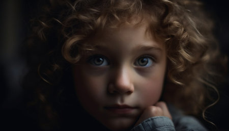 A cute Caucasian child with curly hair looking at camera generated by artificial intelligenceの素材