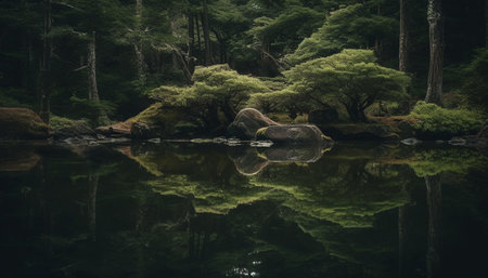Tranquil scene of a wet forest, reflecting beauty in nature generated by artificial intelligenceの素材