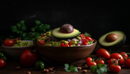 Freshness and health in a bowl of organic vegetarian salad generated by artificial intelligenceの素材