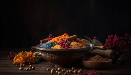 Wooden table decorated with a vibrant, aromatic Indian spice bowl generated by artificial intelligenceの素材