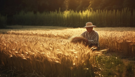 Agriculture, nature, farmer working in wheat field under summer sunset generated by artificial intelligenceの素材