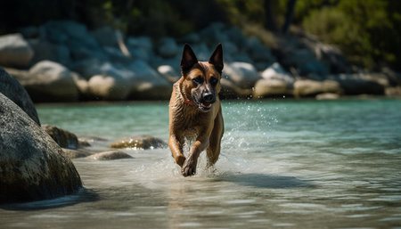 A playful puppy running in the water, pure joy and fun generated by artificial intelligenceの素材
