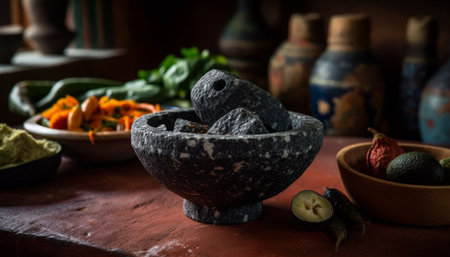 Freshness and nature on a wooden table, healthy eating indoors generated by artificial intelligenceの素材