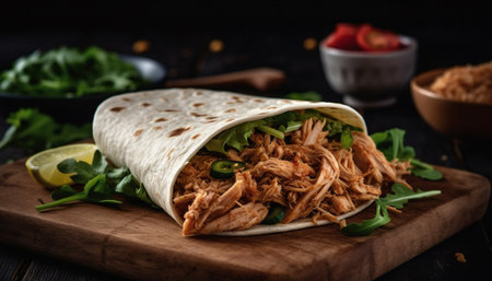 Grilled beef taco with fresh vegetables on a homemade tortilla generated by artificial intelligenceの素材