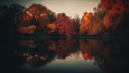 Autumn tree reflects vibrant colors in tranquil forest landscape generated by artificial intelligenceの素材