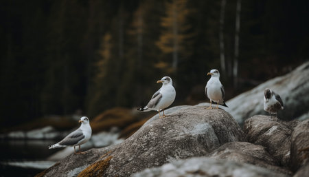 Seagull perching on a rock, enjoying the freedom of nature generated by artificial intelligenceの素材