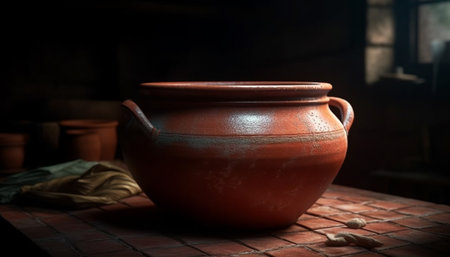 Earthenware jug, rustic bowl, antique vase, ancient ceramics, homemade pottery generated by artificial intelligenceの素材