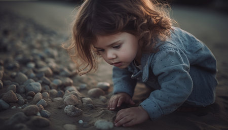 Cute child playing in nature, smiling and enjoying carefree childhood generated by artificial intelligenceの素材