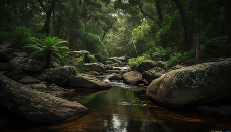 A tranquil scene of a tropical rainforest, flowing water, and green foliage generated by artificial intelligenceの素材