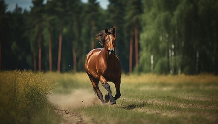 Running stallion in a green meadow, showcasing beauty in nature generated by artificial intelligenceの素材