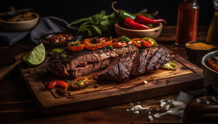 Grilled steak, fresh, rustic, cooked on wood, gourmet, ready to eat generated by artificial intelligenceの素材