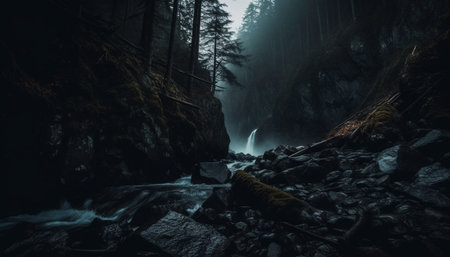 Mysterious fog blankets tranquil forest, revealing nature hidden beauty generated by artificial intelligenceの素材