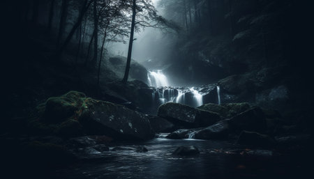 Mysterious forest, dark rock, flowing water, tranquil scene, adventurous wilderness generated by artificial intelligenceの素材