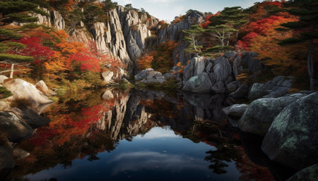 Tranquil scene: autumn forest reflects vibrant colors in tranquil pond generated by artificial intelligenceの素材