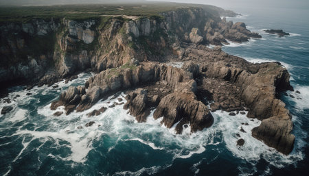 Majestic rock formations break waves on remote coastline, nature beauty generated by artificial intelligenceの素材