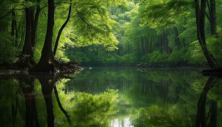 Tranquil scene green tree reflects in peaceful pond, nature beauty generated by artificial intelligenceの素材