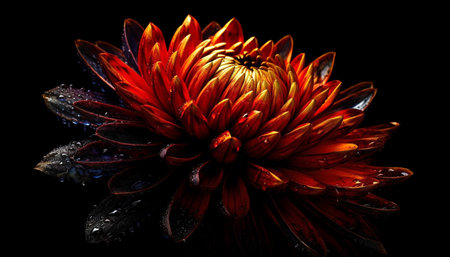 Close up of a vibrant, dew covered daisy in a black background generated by artificial intelligenceの素材