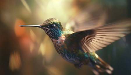 Hummingbird hovers, spreads wings, pollinates, showcasing beauty in nature generated by artificial intelligenceの素材