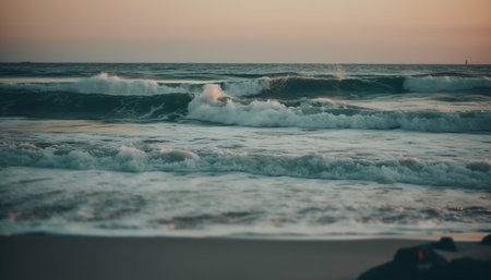 Sunset surf, sand spray, tranquil seascape, nature beauty in motion generated by artificial intelligenceの素材