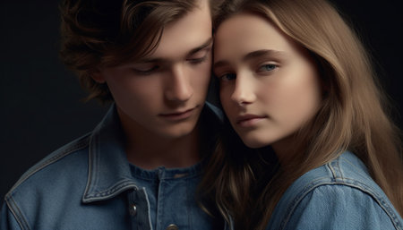 Young adult Caucasian couple embracing, looking at camera, radiating love generated by artificial intelligenceの素材