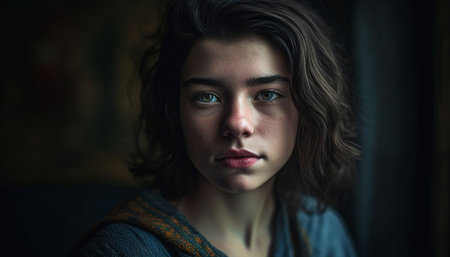 Young woman with brown hair looking at camera with confidence generated by artificial intelligenceの素材