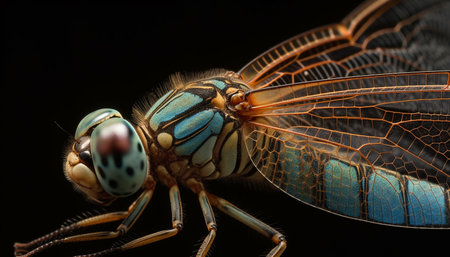 Close up of a small flying insect with multi colored wings generated by artificial intelligenceの素材