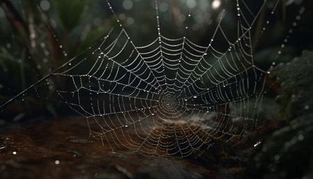 Spider web glistens in wet autumn forest, creating spooky beauty generated by artificial intelligenceの素材