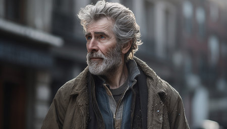 A confident senior man in winter, looking at camera outdoors generated by artificial intelligenceの素材