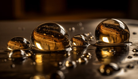 Close up drop reflects wet nature, water backgrounds Capsule macro liquid medicine generated by artificial intelligenceの素材