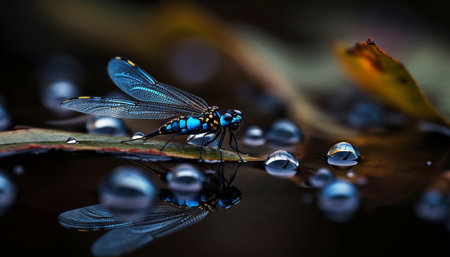 A vibrant blue insect on a wet leaf in nature generated by artificial intelligenceの素材