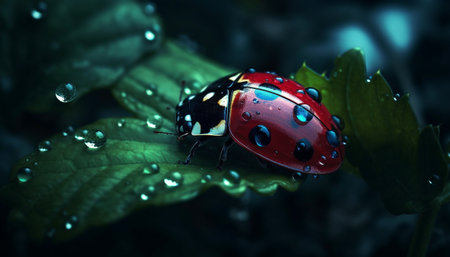 Ladybug on green leaf, spotted beauty in nature, outdoors, springtime generated by artificial intelligenceの素材