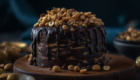 Indulgent homemade dark chocolate dessert on rustic wood table generated by artificial intelligenceの素材