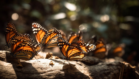 Vibrant monarch butterfly in tranquil forest, showcasing natural beauty generated by artificial intelligenceの素材
