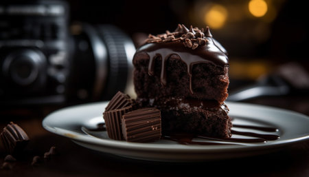 Chocolate dessert on a dark plate, table, indulgence, slice, candy generated by artificial intelligenceの素材