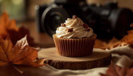 Autumn dessert on table selective focus on homemade pumpkin cupcake generated by artificial intelligenceの素材
