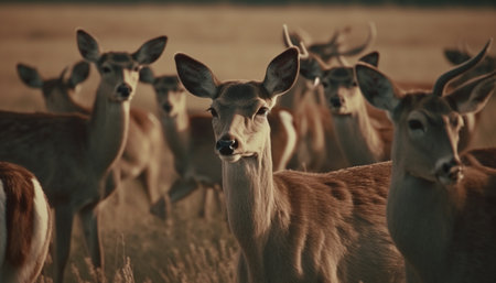 Animal wildlife grazing in a meadow, standing in a row generated by artificial intelligenceの素材