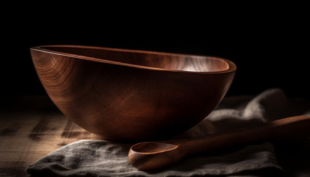 Rustic wooden table, empty bowl, old fashioned spoon, still life generated by artificial intelligenceの素材