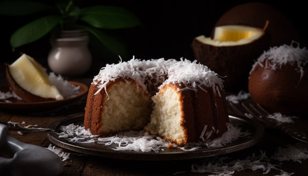 Freshness and sweetness on a wooden table, homemade dessert indulgence generated by artificial intelligenceの素材