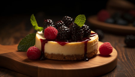 Raspberry dessert, gourmet sweet food, fresh berry on wooden table generated by artificial intelligenceの素材