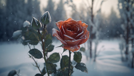 Nature beauty in winter snow covered trees, frozen flowers, and frost generated by artificial intelligenceの素材