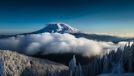 Snow capped mountains cover the landscape, a winter adventure awaits generated by artificial intelligenceの素材