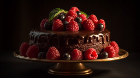 A decadent chocolate cake with fresh berries and creamy indulgence generated by artificial intelligenceの素材