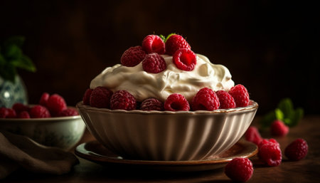 Raspberry dessert, fresh fruit, gourmet snack, healthy homemade indulgence generated by artificial intelligenceの素材