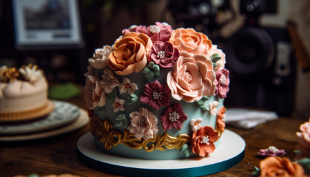Wooden table decorated with a homemade chocolate dessert and flower vase generated by artificial intelligenceの素材