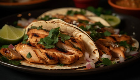 Grilled meat, taco, cilantro, gourmet plate, salad, guacamole, freshness generated by artificial intelligenceの素材