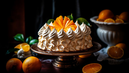 Freshness and sweetness on a wooden table, homemade citrus dessert generated by artificial intelligenceの素材