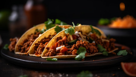Freshness on a plate grilled beef taco with homemade guacamole generated by artificial intelligenceの素材