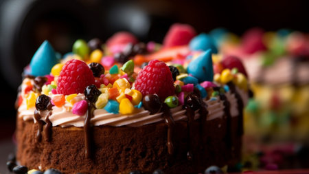 Homemade chocolate cake with raspberry and strawberry decoration, a sweet indulgence generated by artificial intelligenceの素材